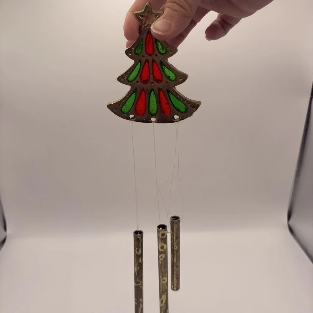 Vintage Stained Glass and Cast Metal Christmas Tree Wind Chime Japan Decoration - Picture 7 of 7